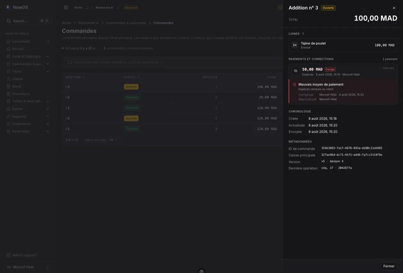 backoffice — détail d’une commande avec un paiement barré et sa correction imbriquée : motif, résolution, opérateur et approbateur
