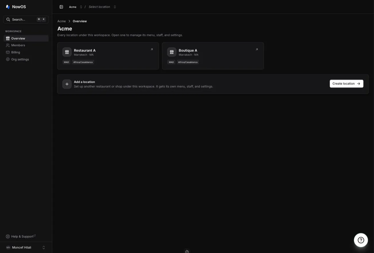 backoffice — organization home page with the location cards