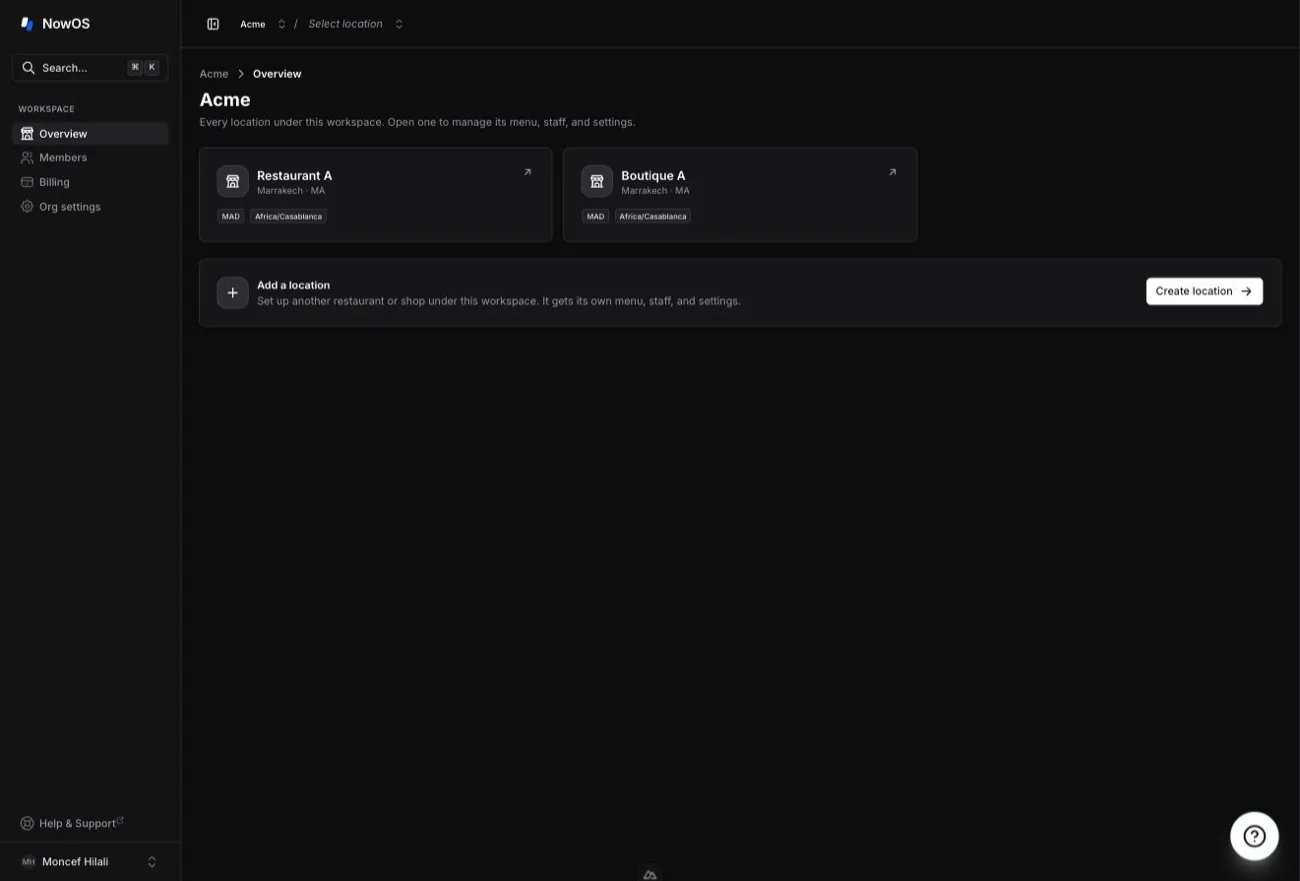 backoffice — organization home page with the location cards