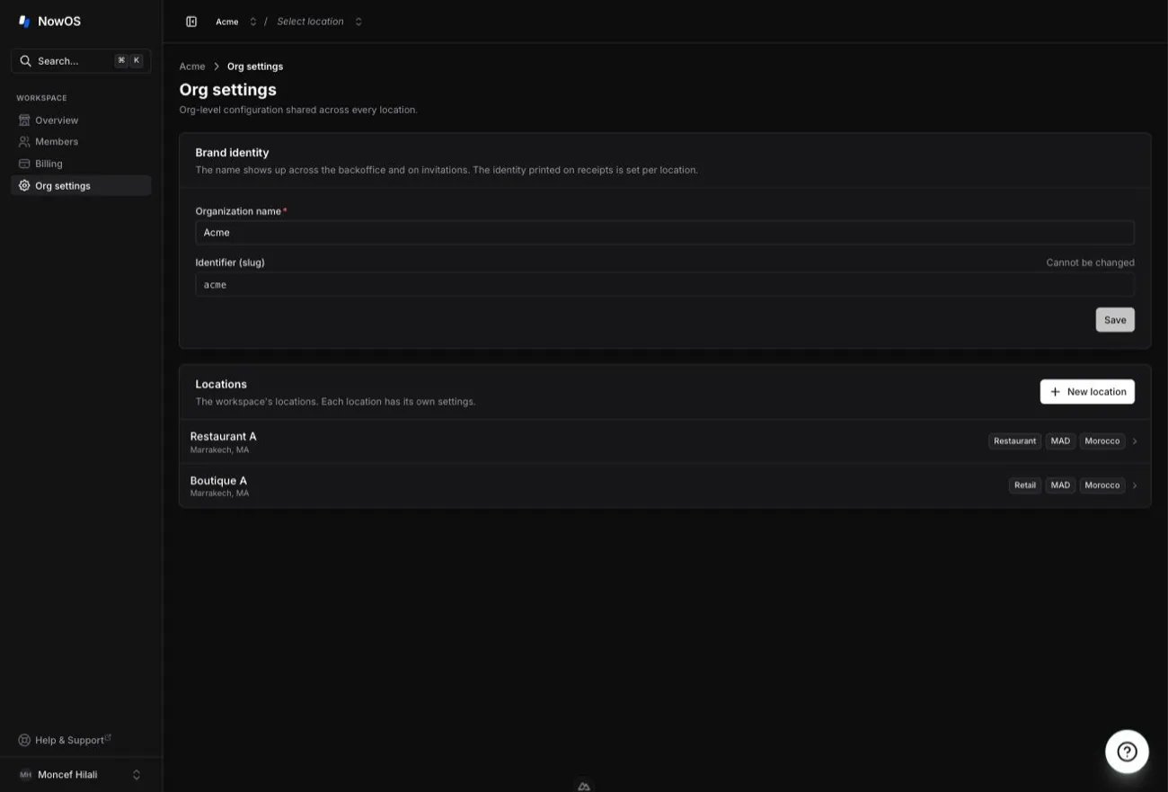 backoffice — Organization settings page with the Brand identity card and the location list