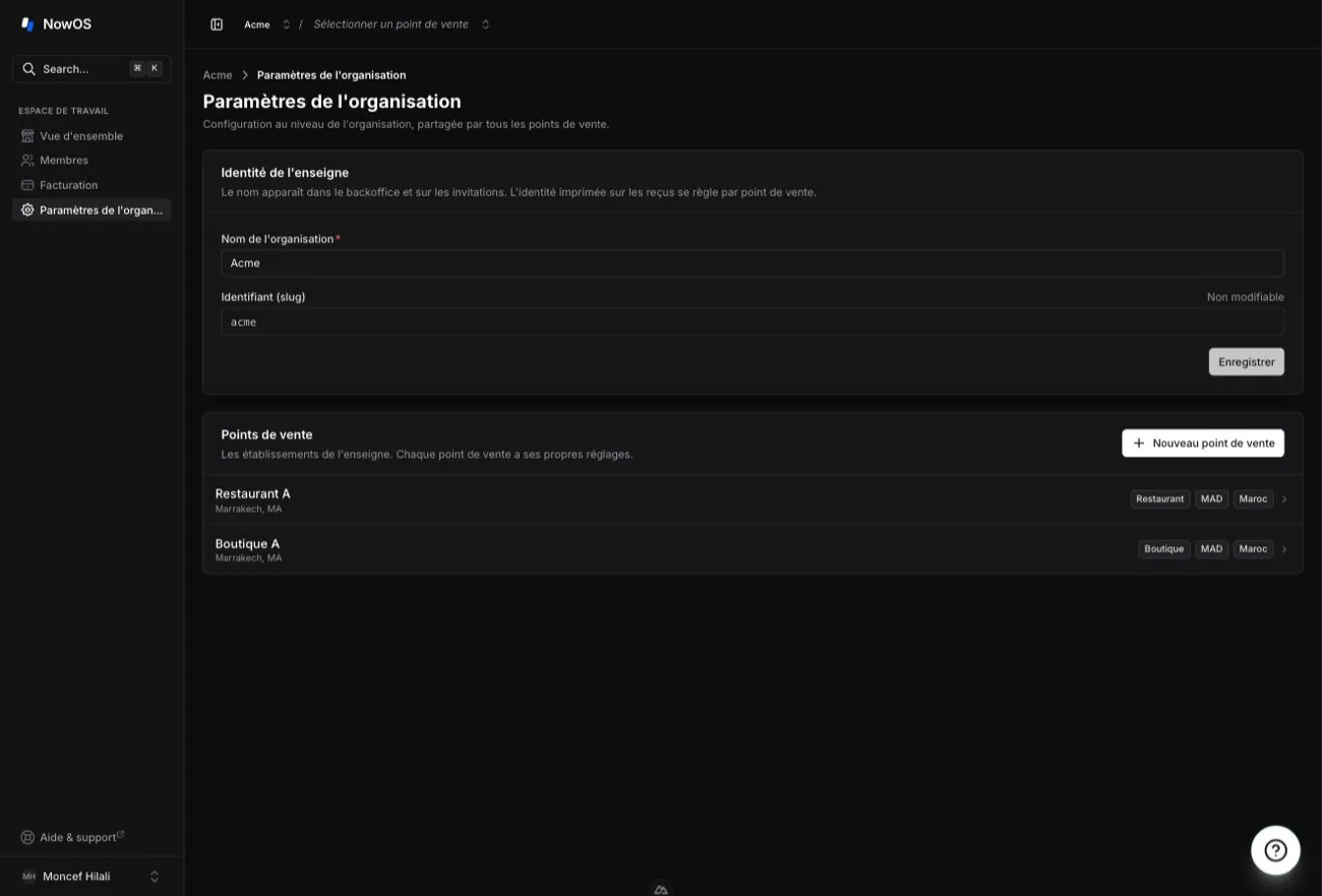 backoffice — page Paramètres de l'organisation avec la carte Identité de l'enseigne et la liste des points de vente