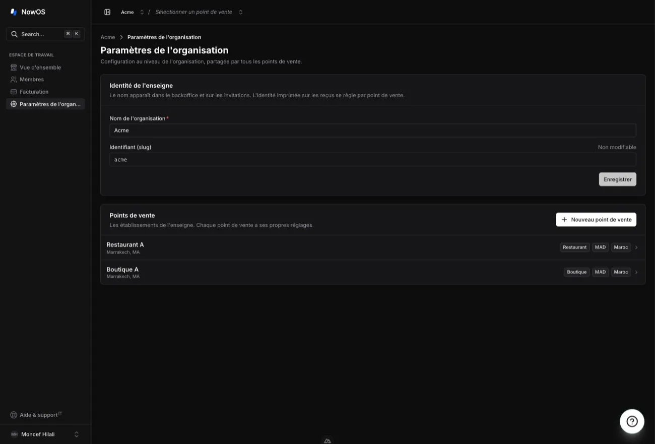 backoffice — page Paramètres de l'organisation avec la carte Identité de l'enseigne et la liste des points de vente