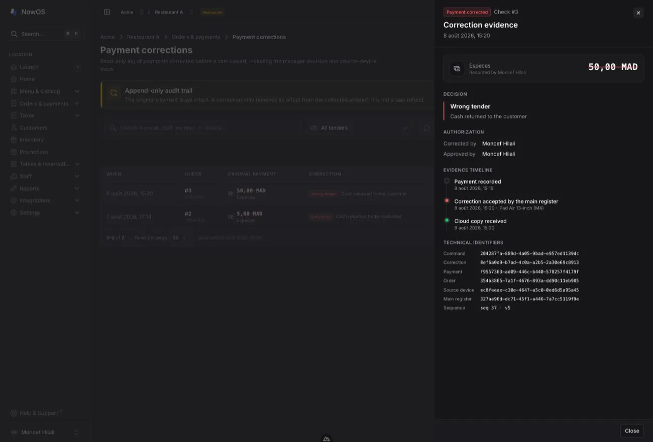 backoffice — Payment corrections log with filters, struck-through payment, and the Correction evidence panel open