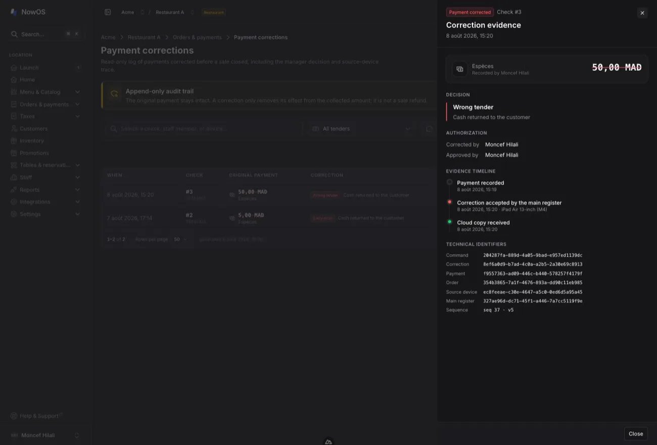 backoffice — Payment corrections log with filters, struck-through payment, and the Correction evidence panel open