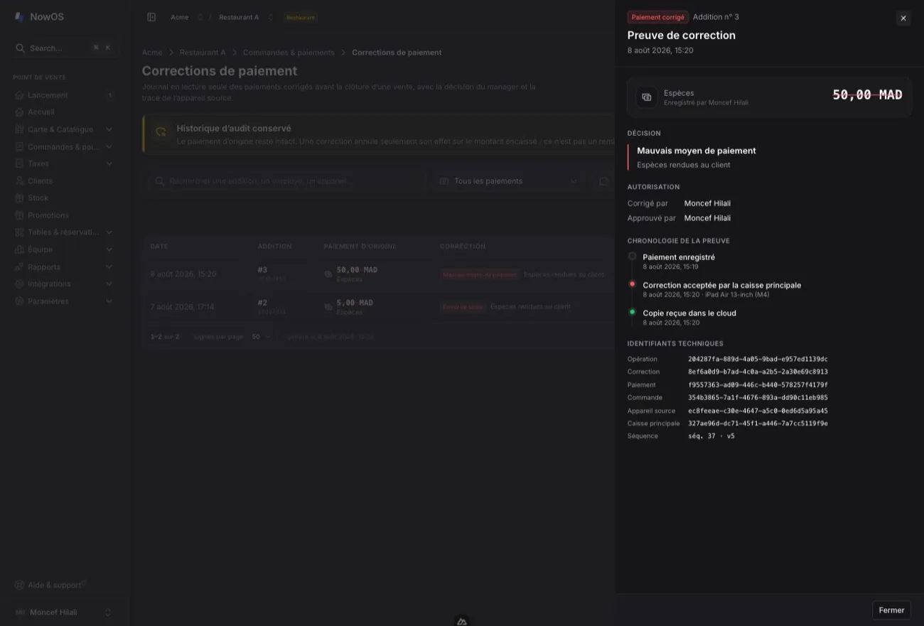 backoffice — journal Corrections de paiement avec filtres, paiement barré et panneau Preuve de correction ouvert