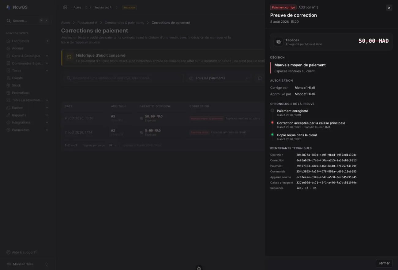 backoffice — journal Corrections de paiement avec filtres, paiement barré et panneau Preuve de correction ouvert