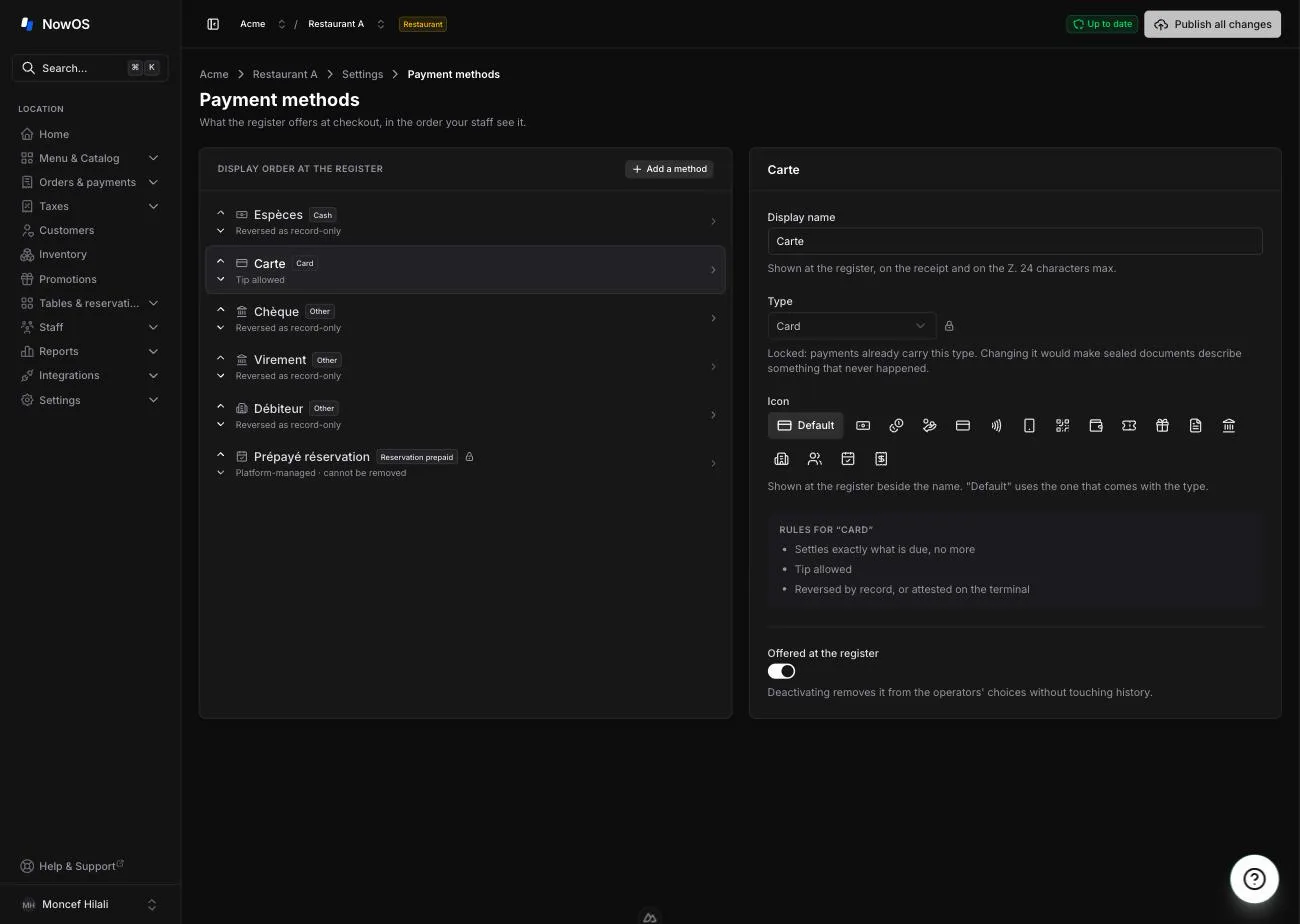 Payment methods page — the ordered list on the left, the inspector on the right with a luncheon voucher selected