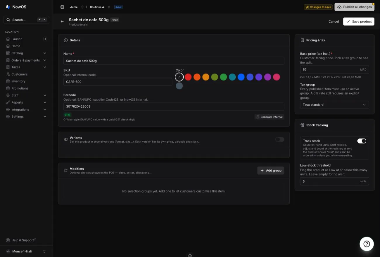 backoffice product editor — Stock tracking section with the Track stock switch and the Low-stock threshold field