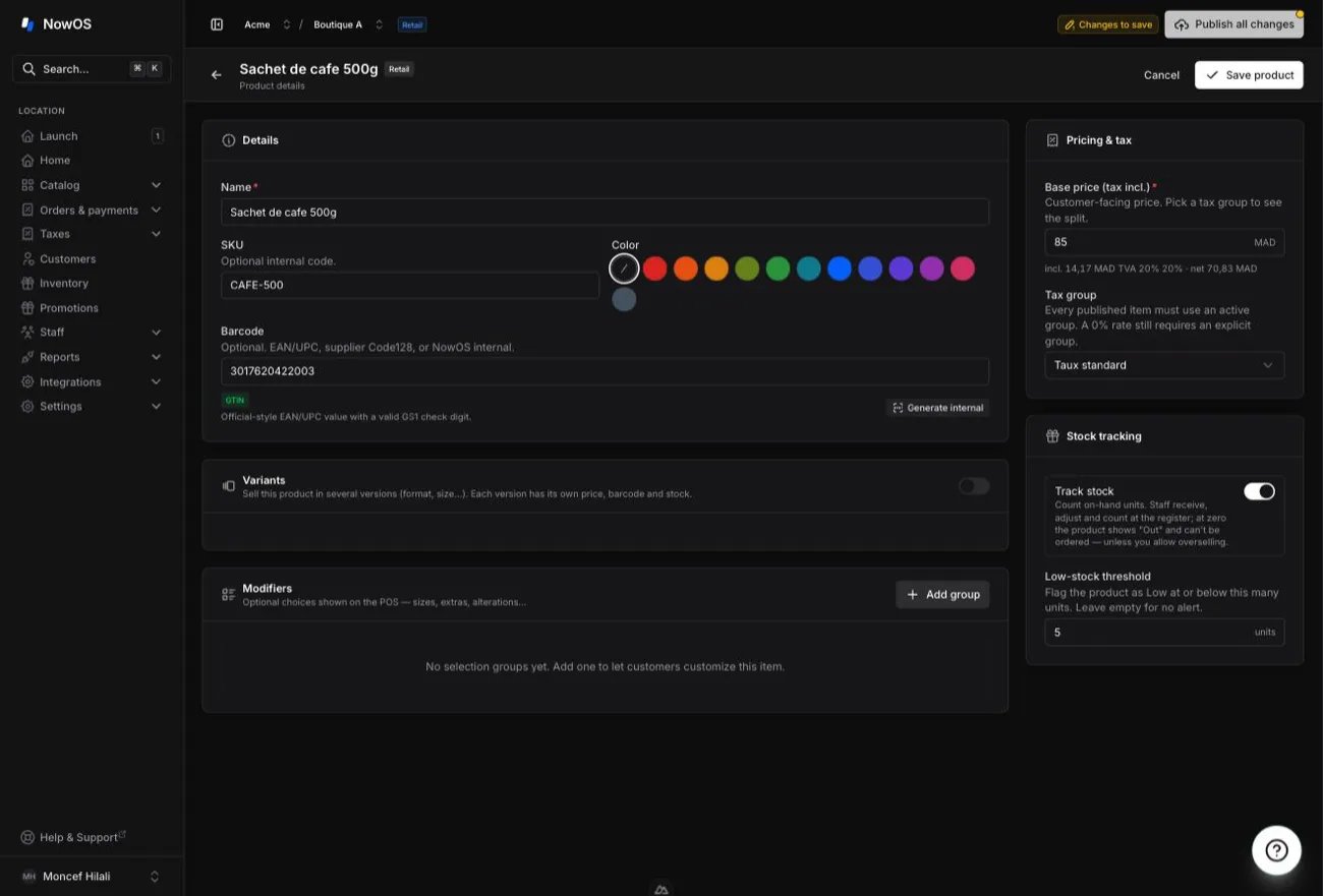 backoffice product editor — Stock tracking section with the Track stock switch and the Low-stock threshold field