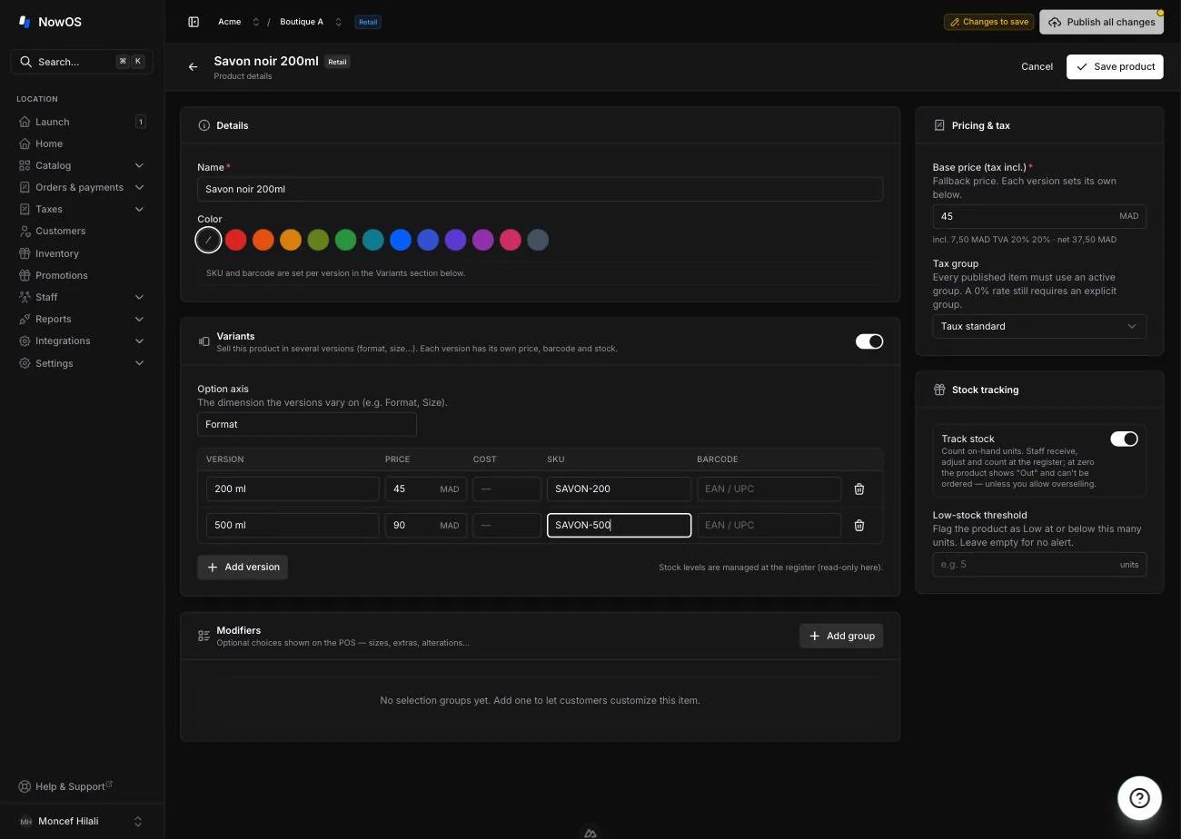 product editor — Variants section with the versions table