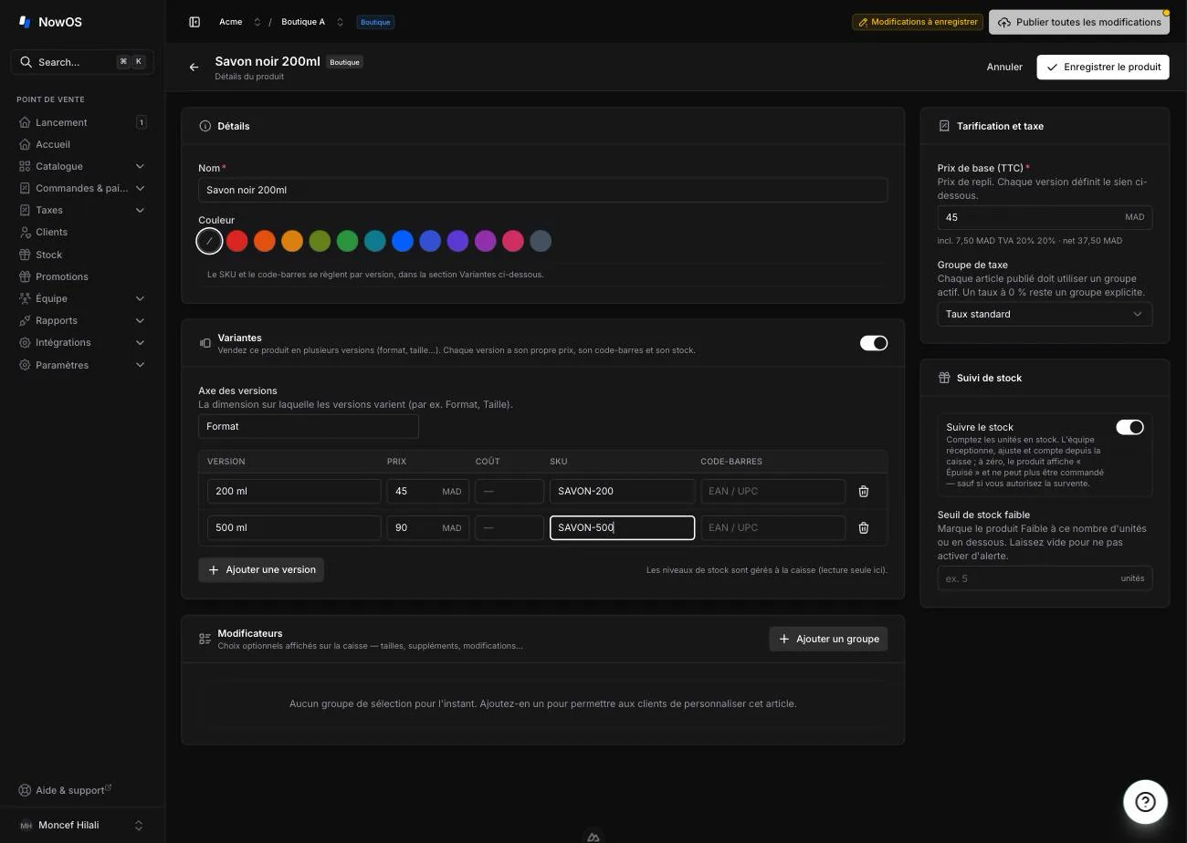 éditeur de produit — section Variants avec la table des versions