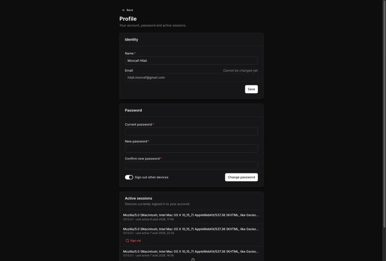 backoffice — Profile page with the Identity, Password and Active sessions sections