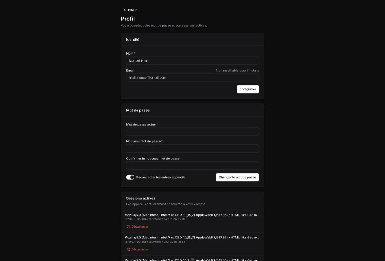 backoffice — page Profil avec les sections Identité, Mot de passe et Sessions actives