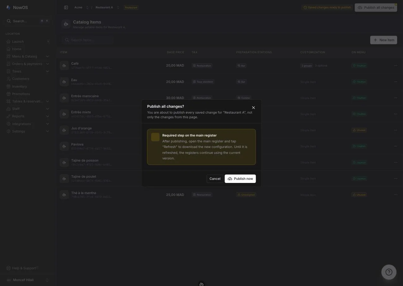 the backoffice global header with the 'Saved changes ready to publish' badge, 'Publish all changes' button, and confirmation dialog