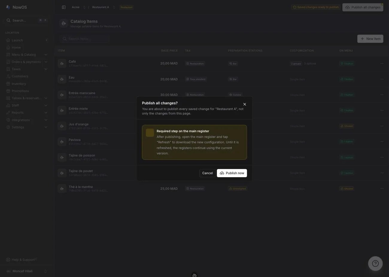 the backoffice global header with the 'Saved changes ready to publish' badge, 'Publish all changes' button, and confirmation dialog