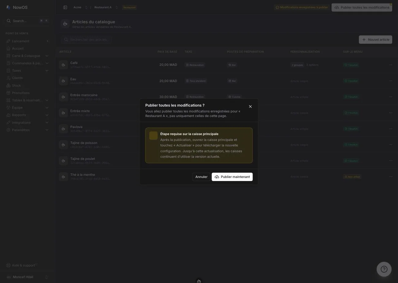 backoffice — contrôle 'Publier toutes les modifications' dans l'en-tête global et fenêtre de confirmation