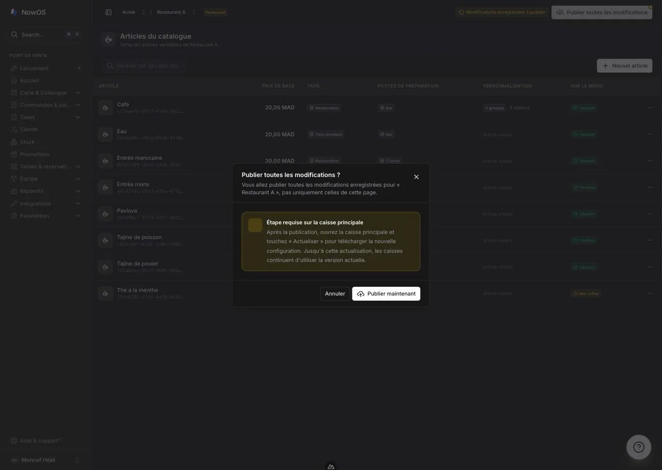 backoffice — contrôle 'Publier toutes les modifications' dans l'en-tête global et fenêtre de confirmation
