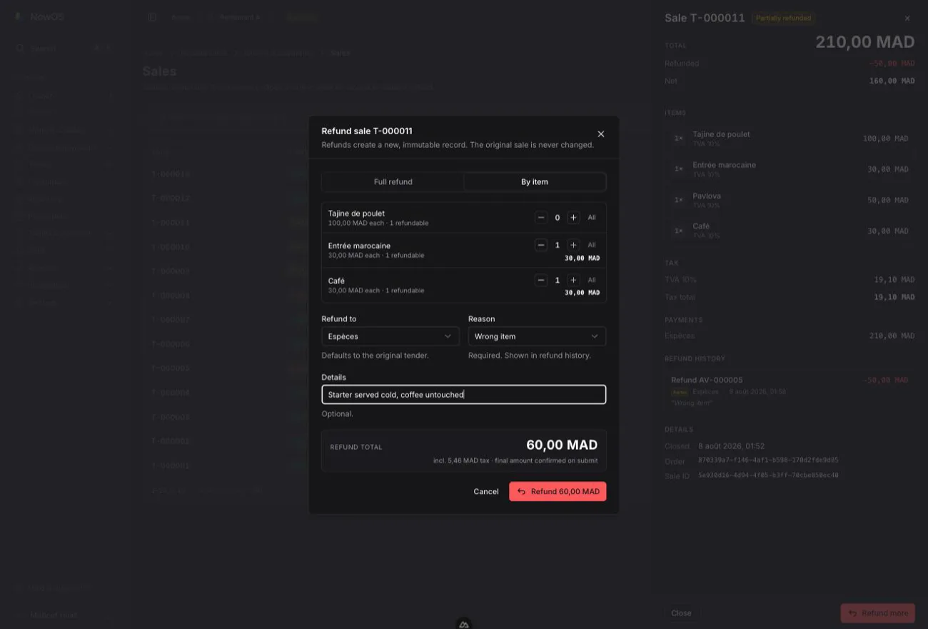 backoffice — Refund sale #N dialog in By item mode: selected quantities, Refund to / Reason / Details fields, Refund total at the bottom