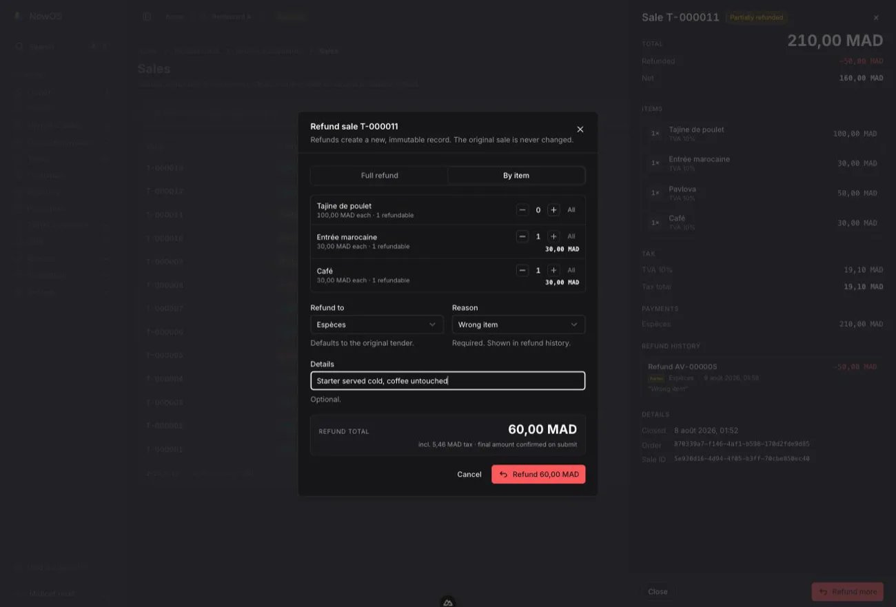 backoffice — Refund sale #N dialog in By item mode: selected quantities, Refund to / Reason / Details fields, Refund total at the bottom
