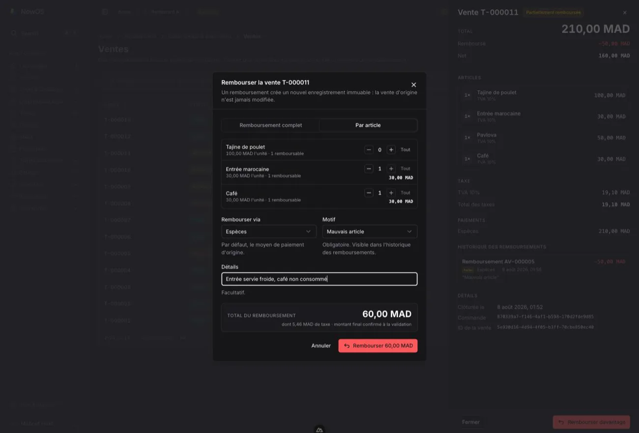 backoffice — fenêtre Rembourser la vente T-000011 en mode Par article : quantités sélectionnées, champs Rembourser via / Motif / Détails, Total du remboursement en bas