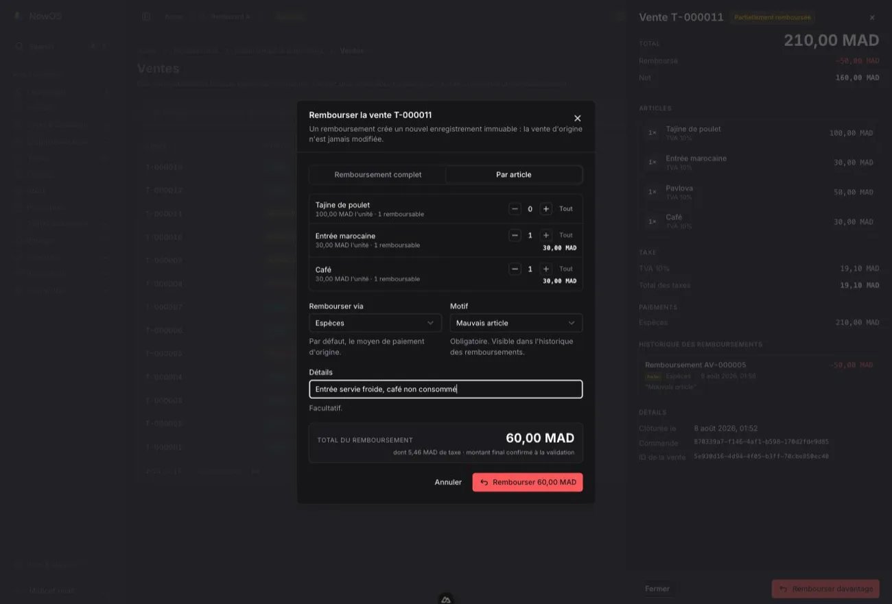 backoffice — fenêtre Rembourser la vente T-000011 en mode Par article : quantités sélectionnées, champs Rembourser via / Motif / Détails, Total du remboursement en bas
