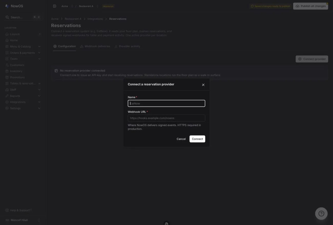 backoffice, Integrations → Reservations, Configuration tab — the “Connect a reservation provider” dialog with the Name and Webhook URL fields