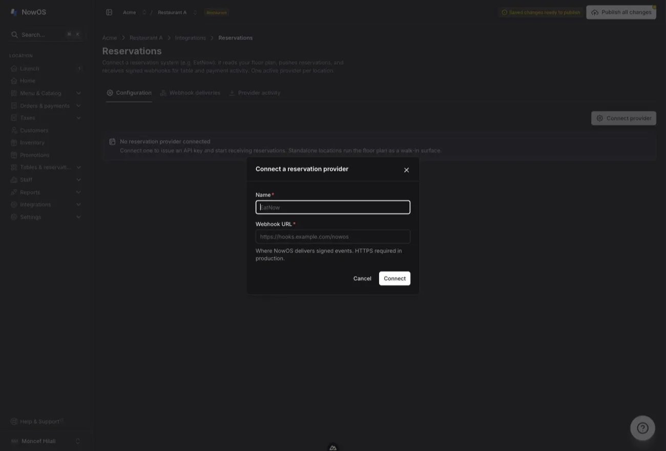 backoffice, Integrations → Reservations, Configuration tab — the “Connect a reservation provider” dialog with the Name and Webhook URL fields