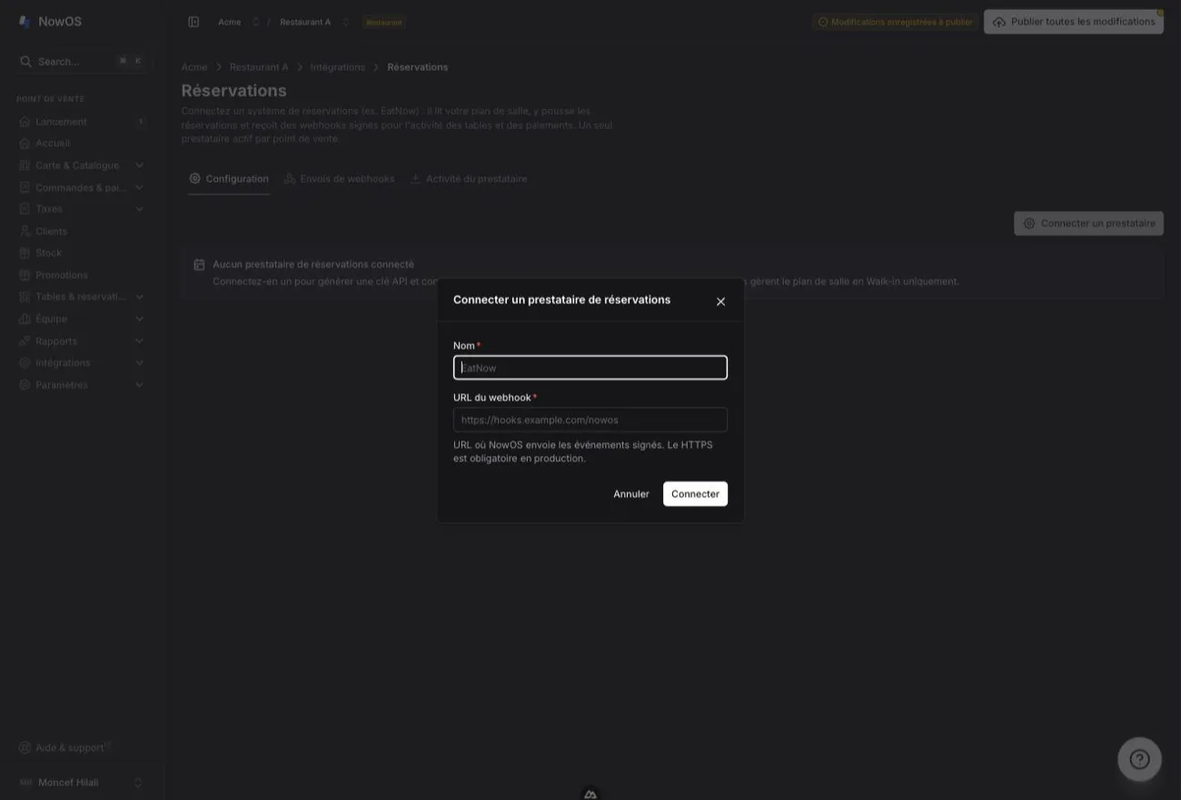 backoffice, Intégrations → Réservations, onglet Configuration — la fenêtre « Connecter un prestataire de réservations » avec les champs Nom et URL du webhook