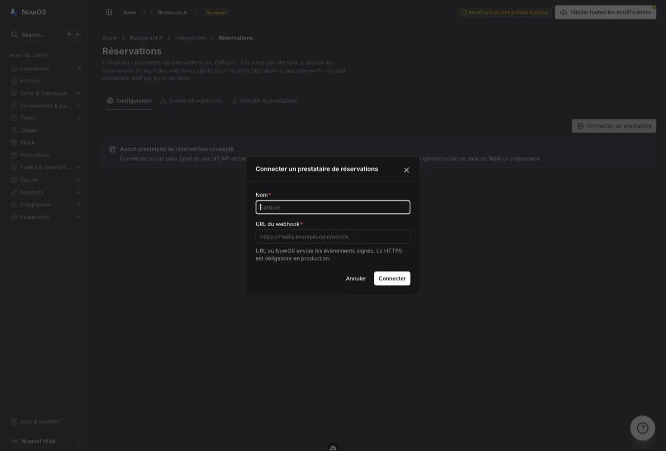 backoffice, Intégrations → Réservations, onglet Configuration — la fenêtre « Connecter un prestataire de réservations » avec les champs Nom et URL du webhook