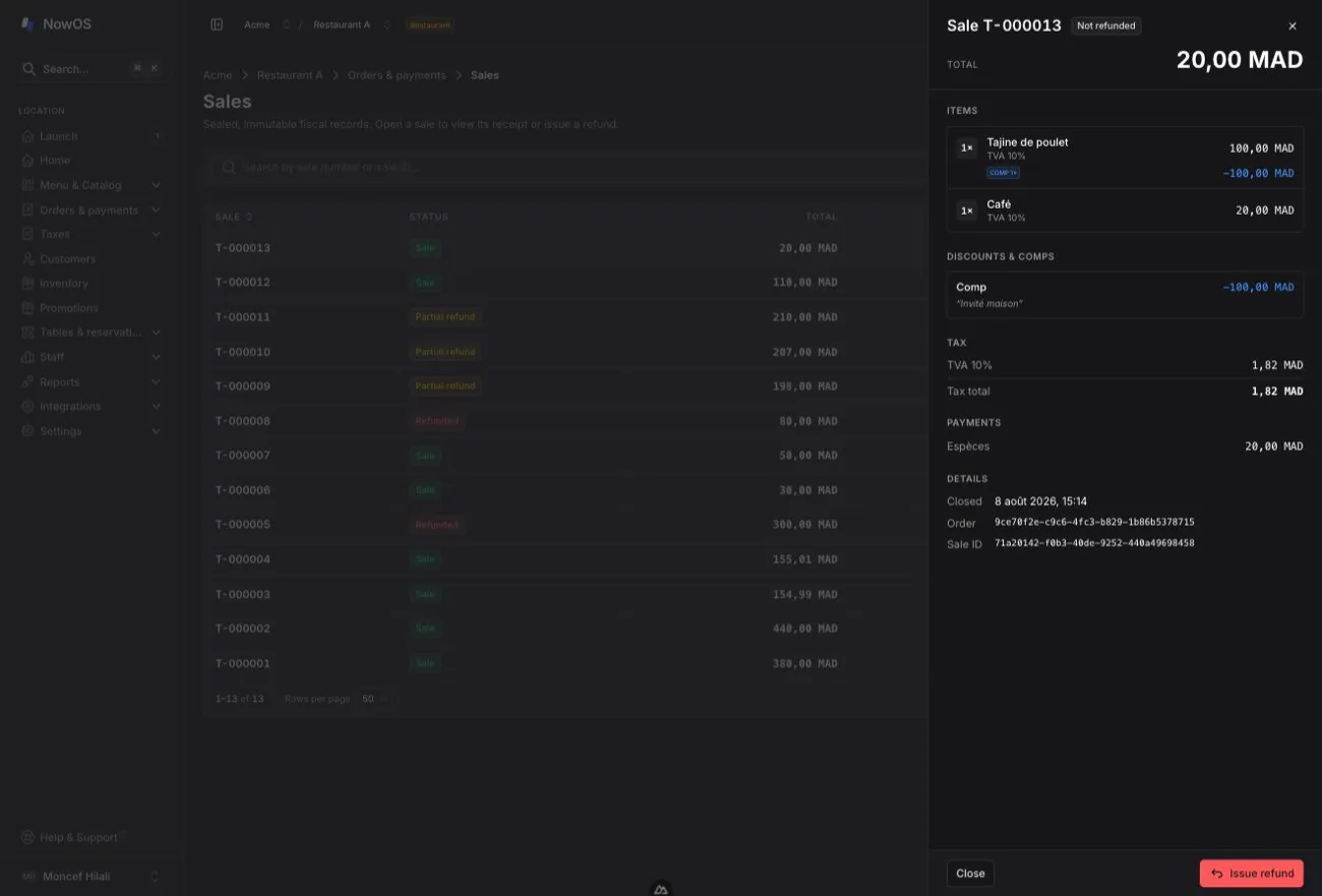 backoffice — detail panel of a sale with a comped item: negative COMP 1× row under the item and Discounts & comps section with the reason