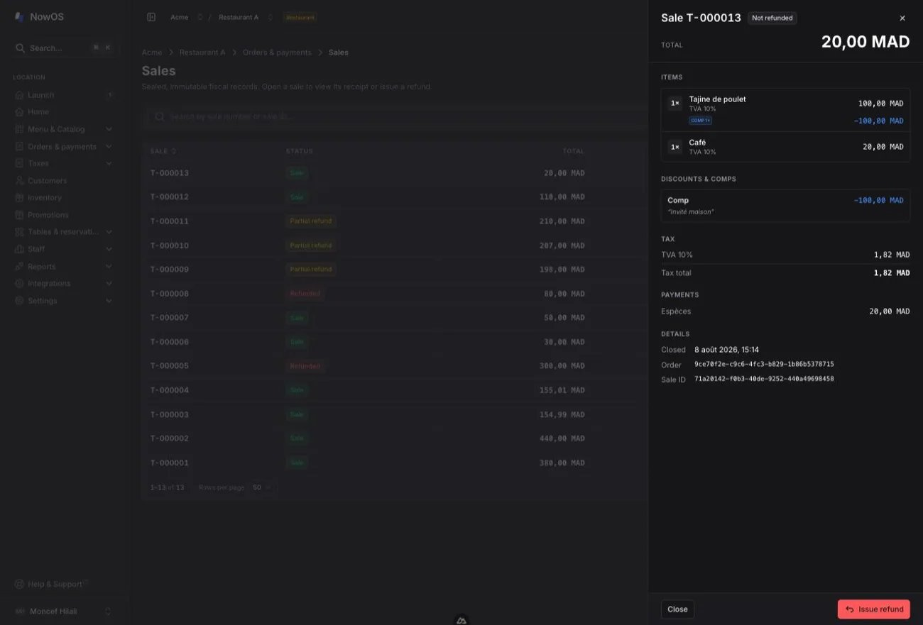 backoffice — detail panel of a sale with a comped item: negative COMP 1× row under the item and Discounts & comps section with the reason