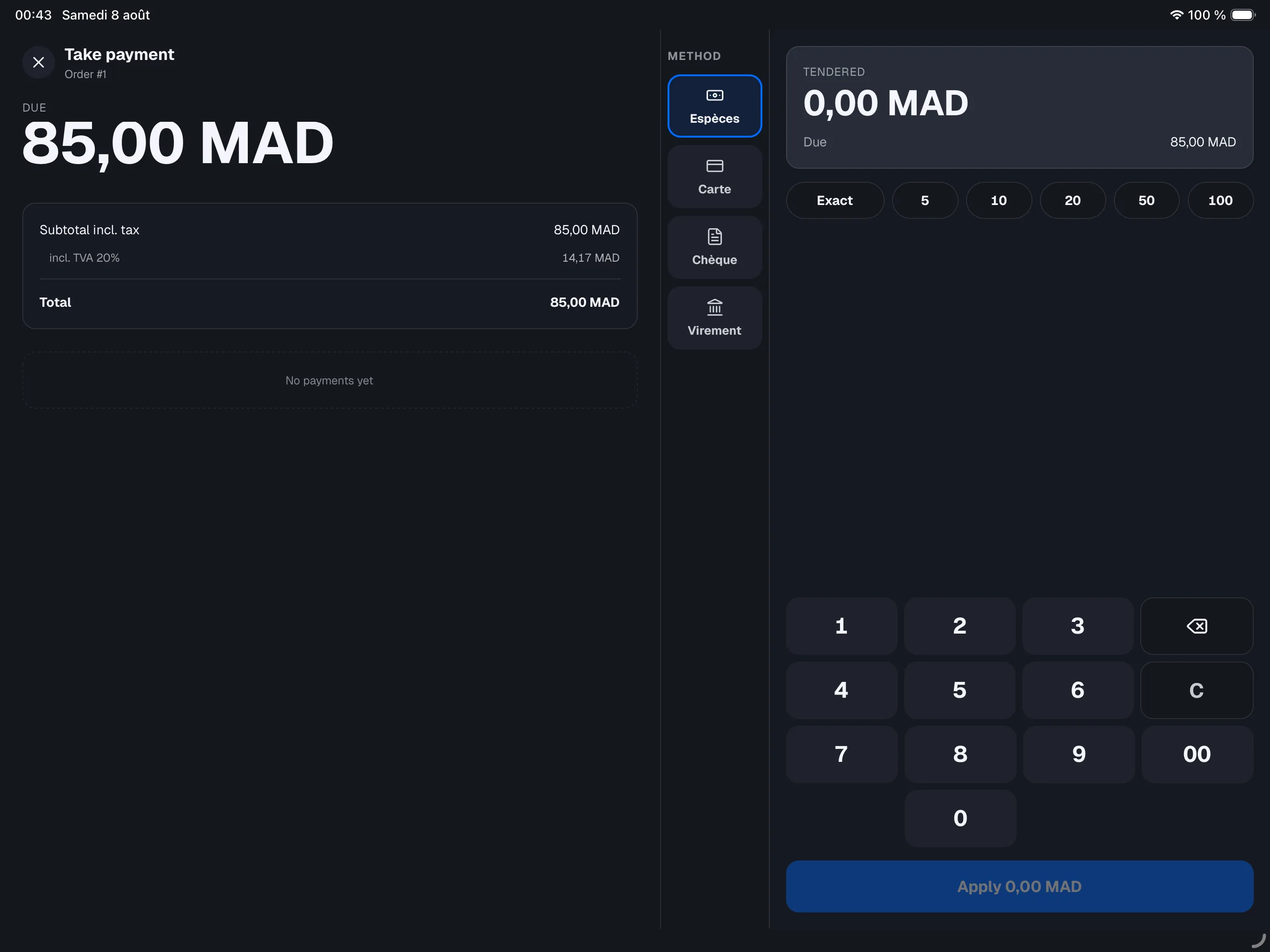 retail mode — full-screen pay screen, check on the left with the Due amount in large type, Cash pad on the right