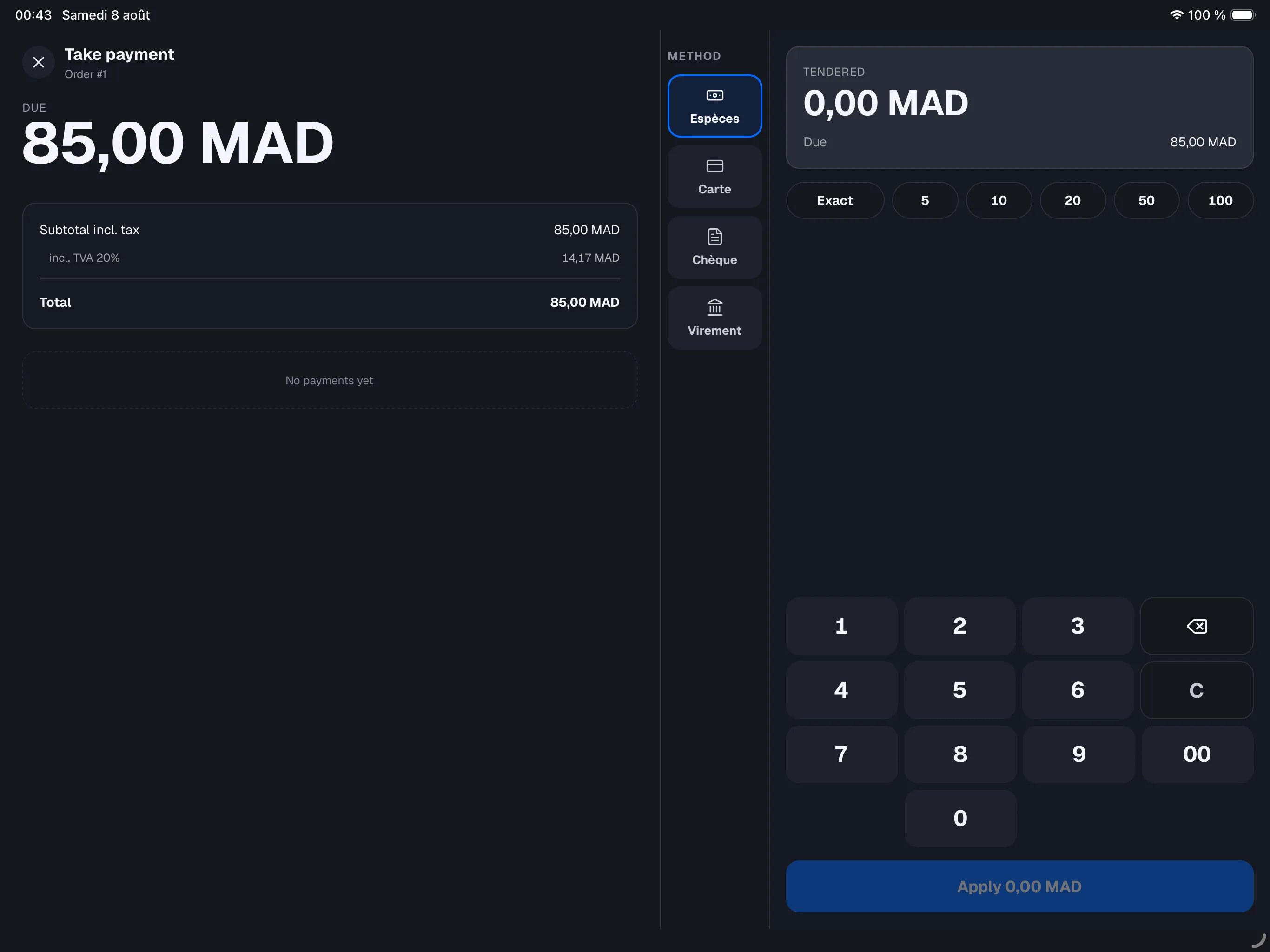 retail mode — full-screen pay screen, check on the left with the Due amount in large type, Cash pad on the right