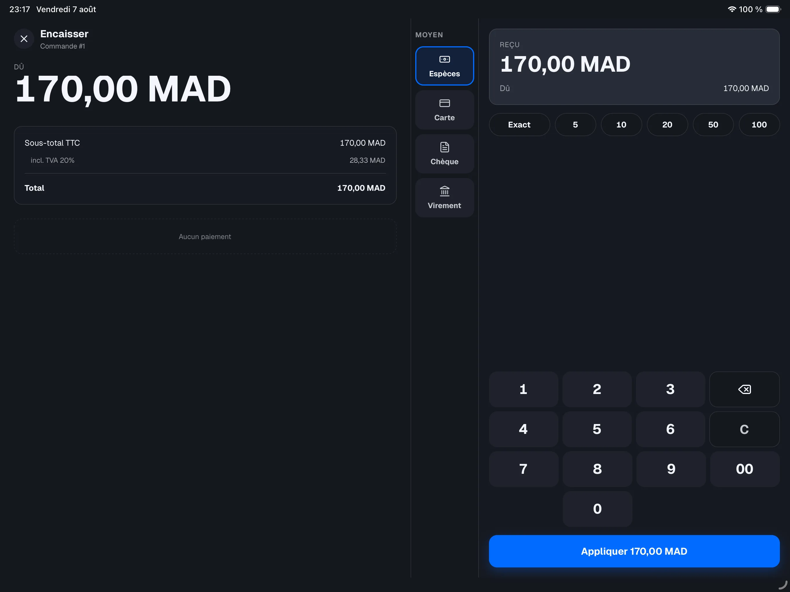 mode boutique — écran de paiement plein écran, addition à gauche avec le montant Due en grand, pavé Cash à droite