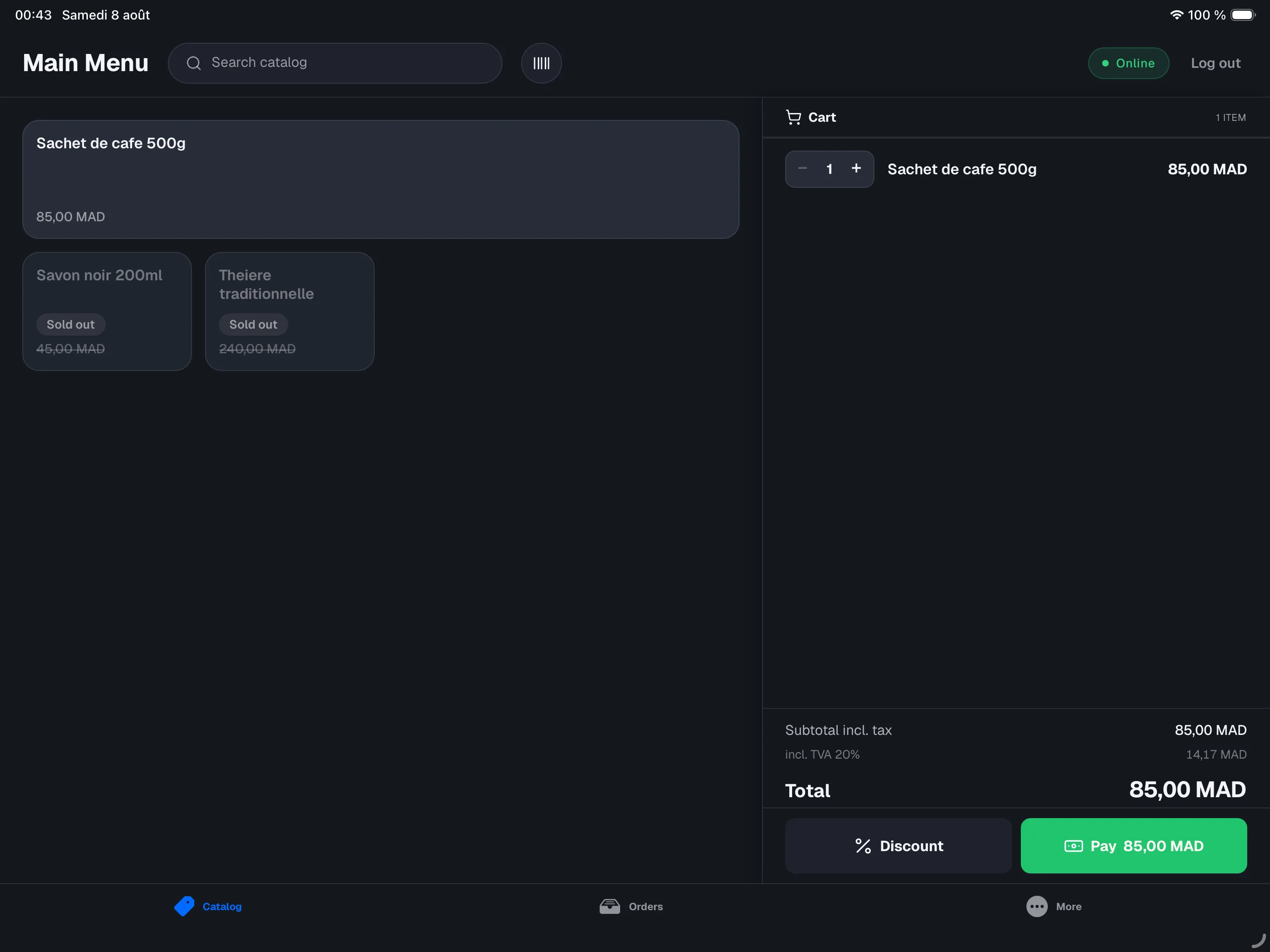 selling screen in retail mode — Catalog grid with the scan button, cart on the right with the 'Pay' button and total