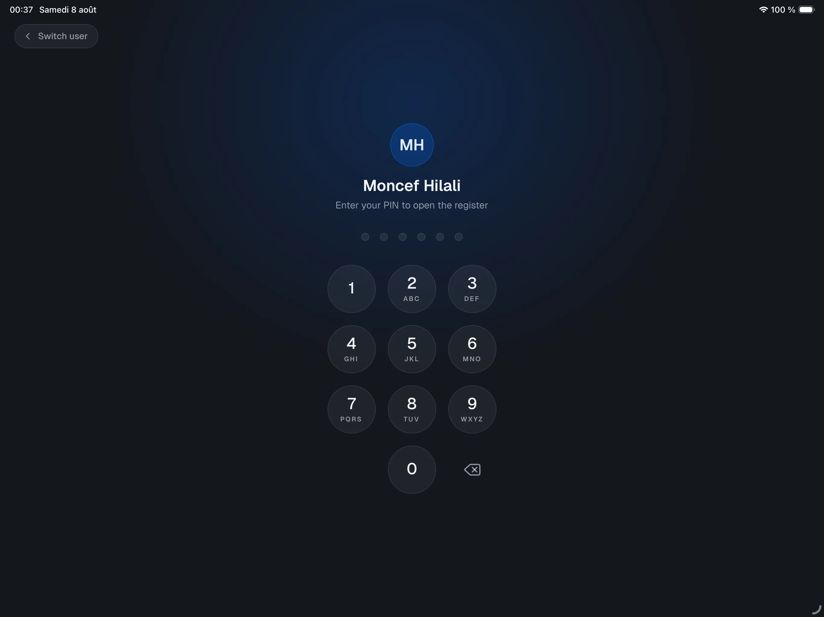 full-screen PIN entry — avatar, operator name, PIN dots, numeric keypad