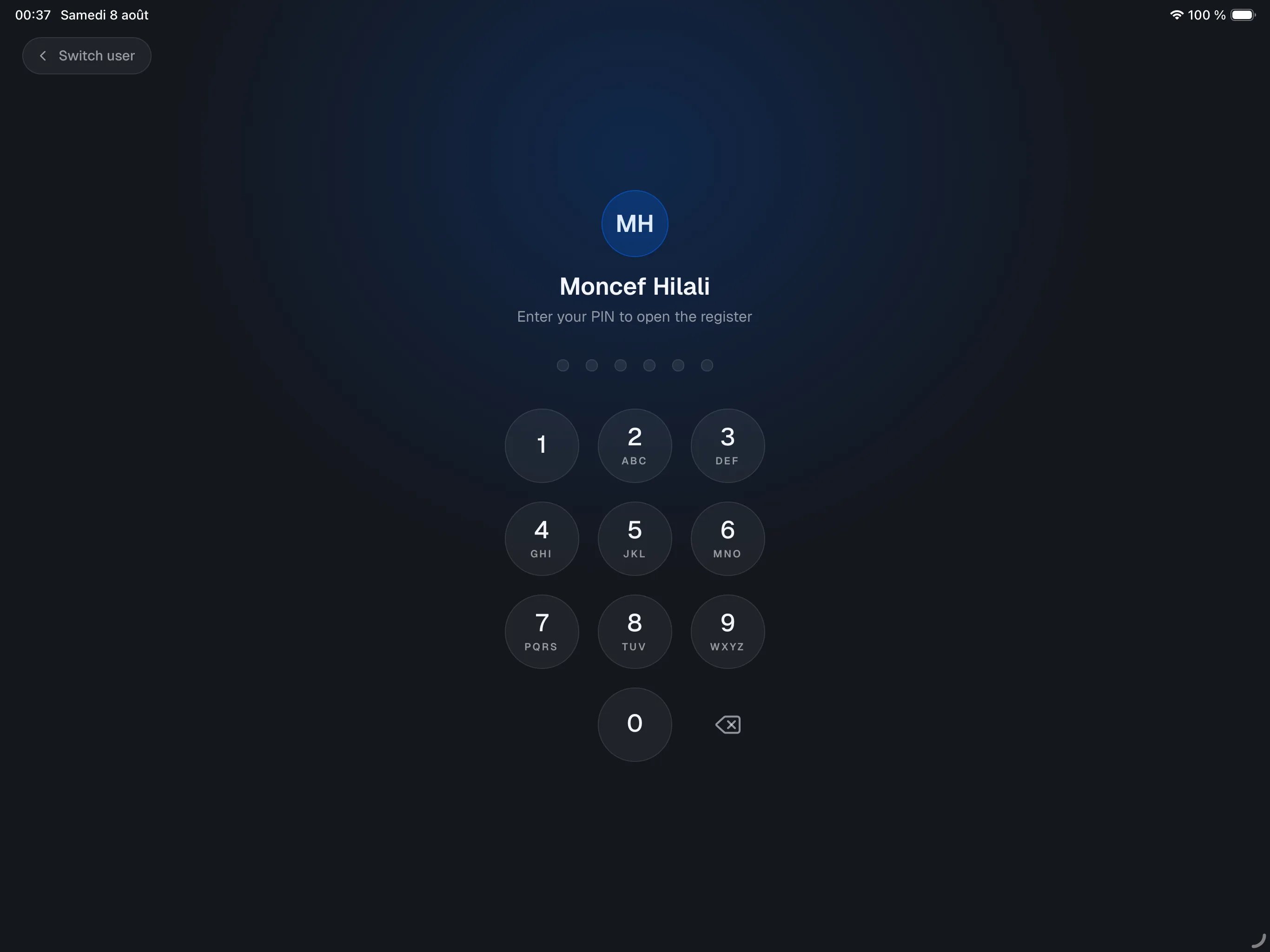 full-screen PIN entry — avatar, operator name, PIN dots, numeric keypad