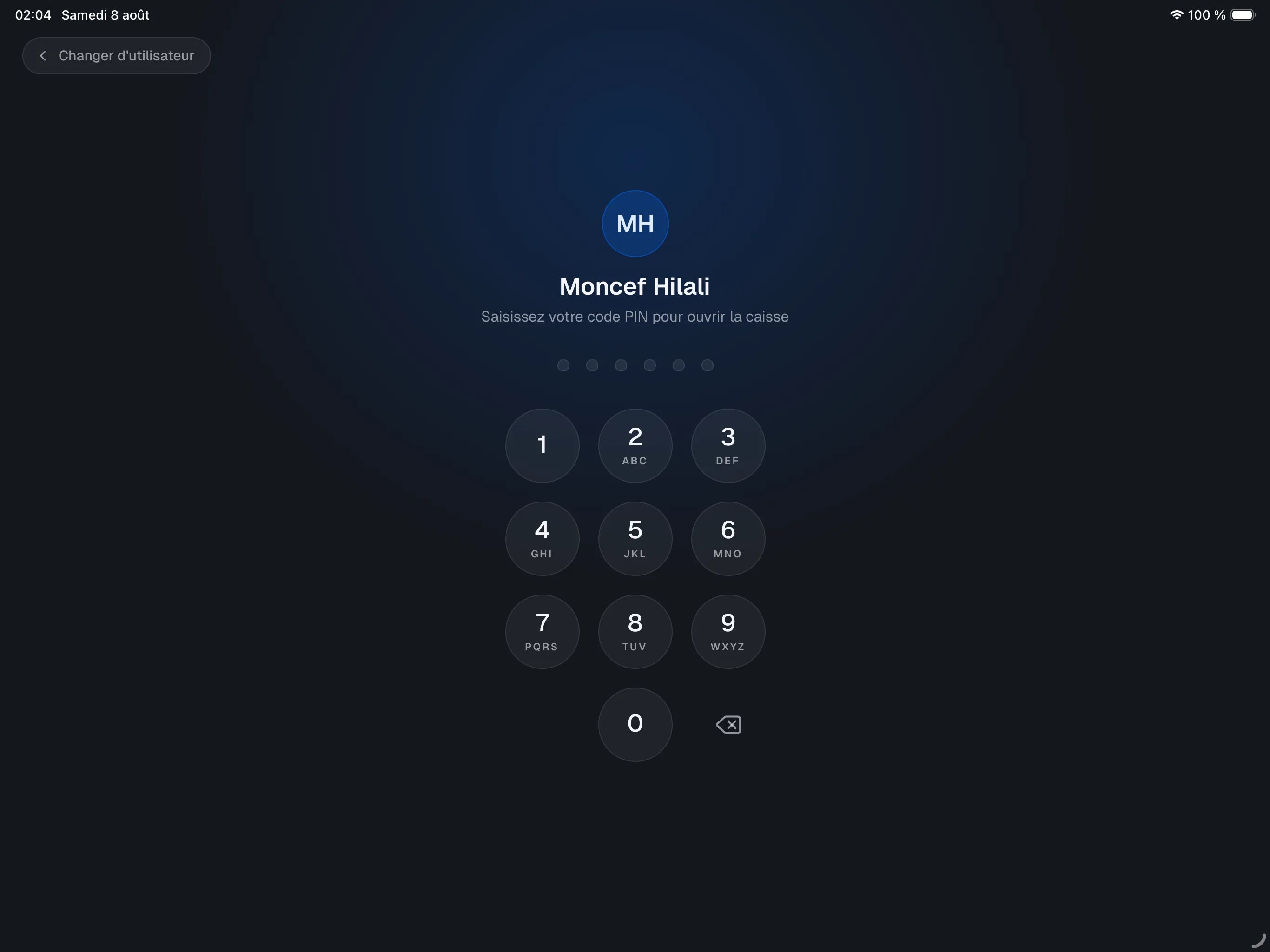 écran de saisie du PIN en plein écran — avatar, nom de l'opérateur, points du code PIN, clavier numérique