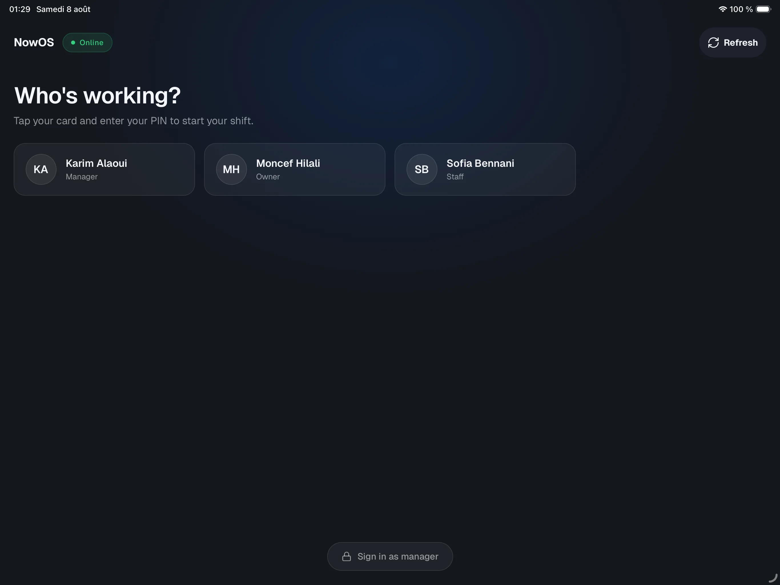 register roster screen, 'Who's working?' title, several user cards with name and role