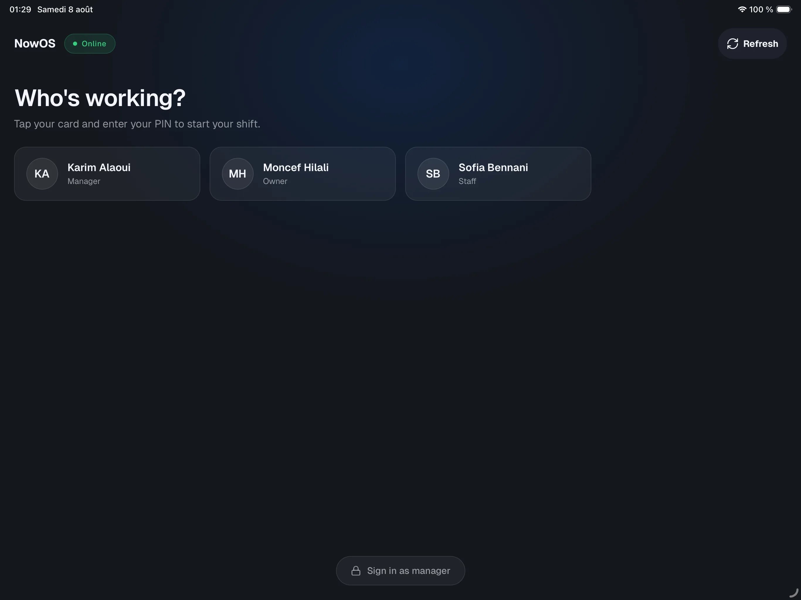 register roster screen, 'Who's working?' title, several user cards with name and role
