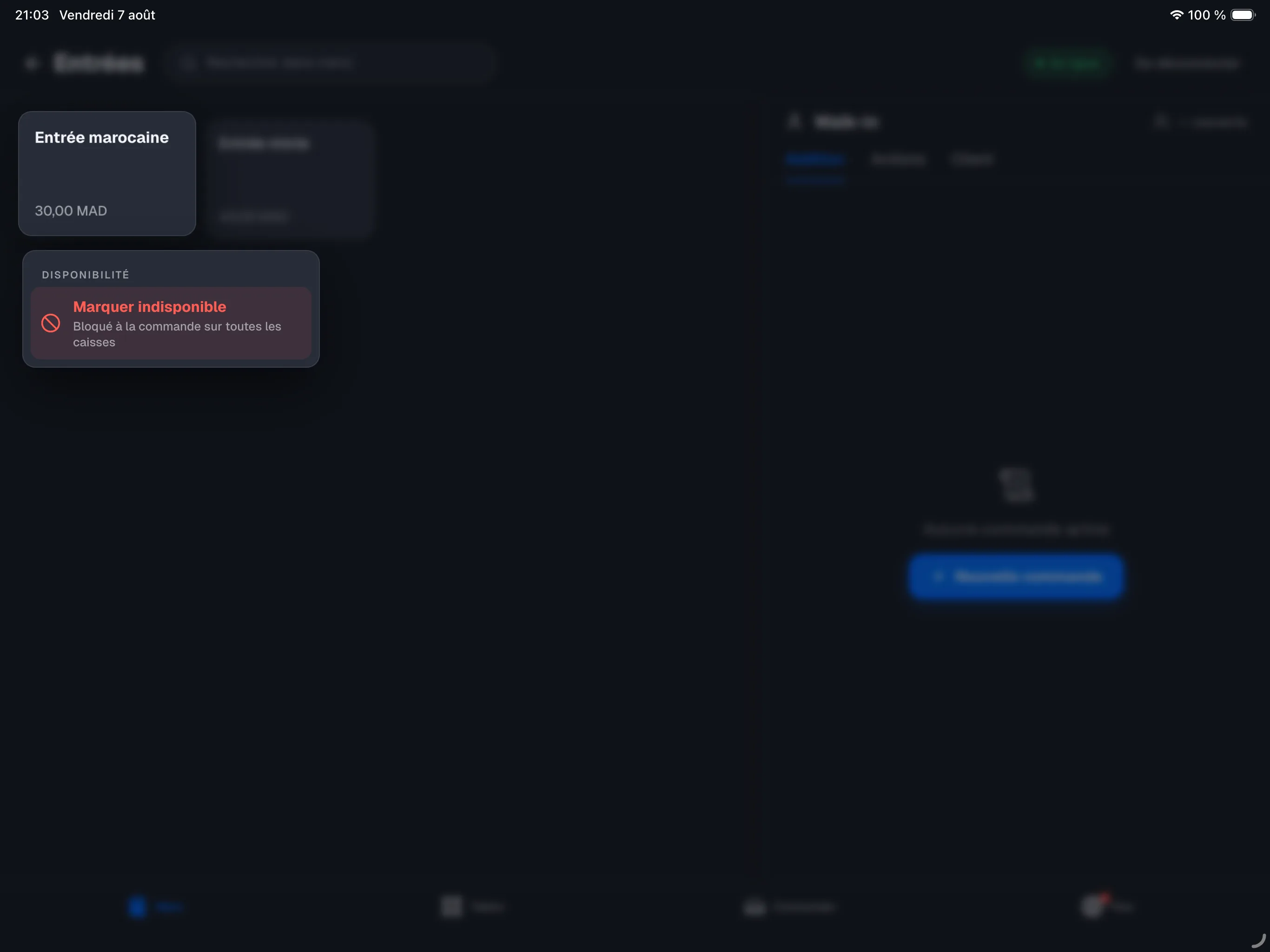 appui long sur une tuile menu — la tuile soulevée + le menu Disponibilité avec 'Marquer indisponible'