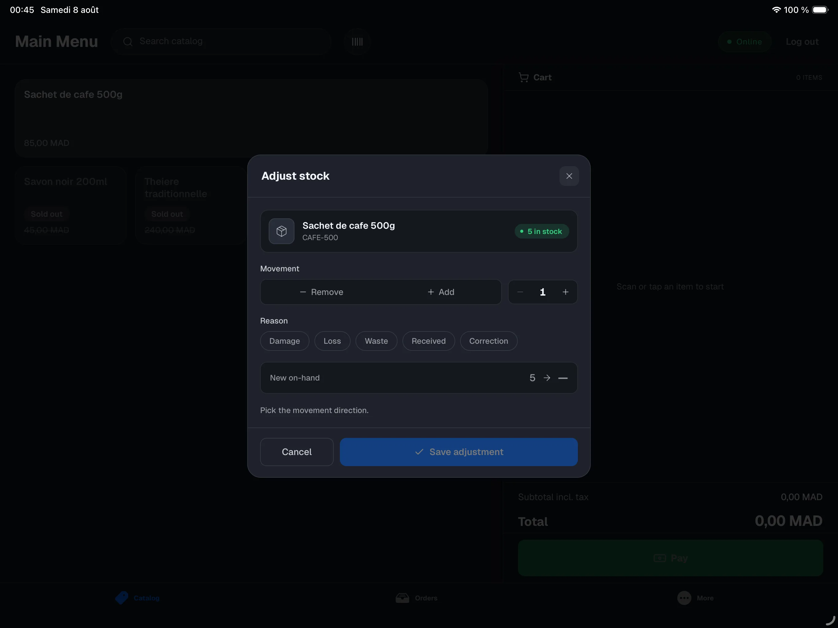 Adjust stock sheet — Remove/Add toggle, quantity, reasons