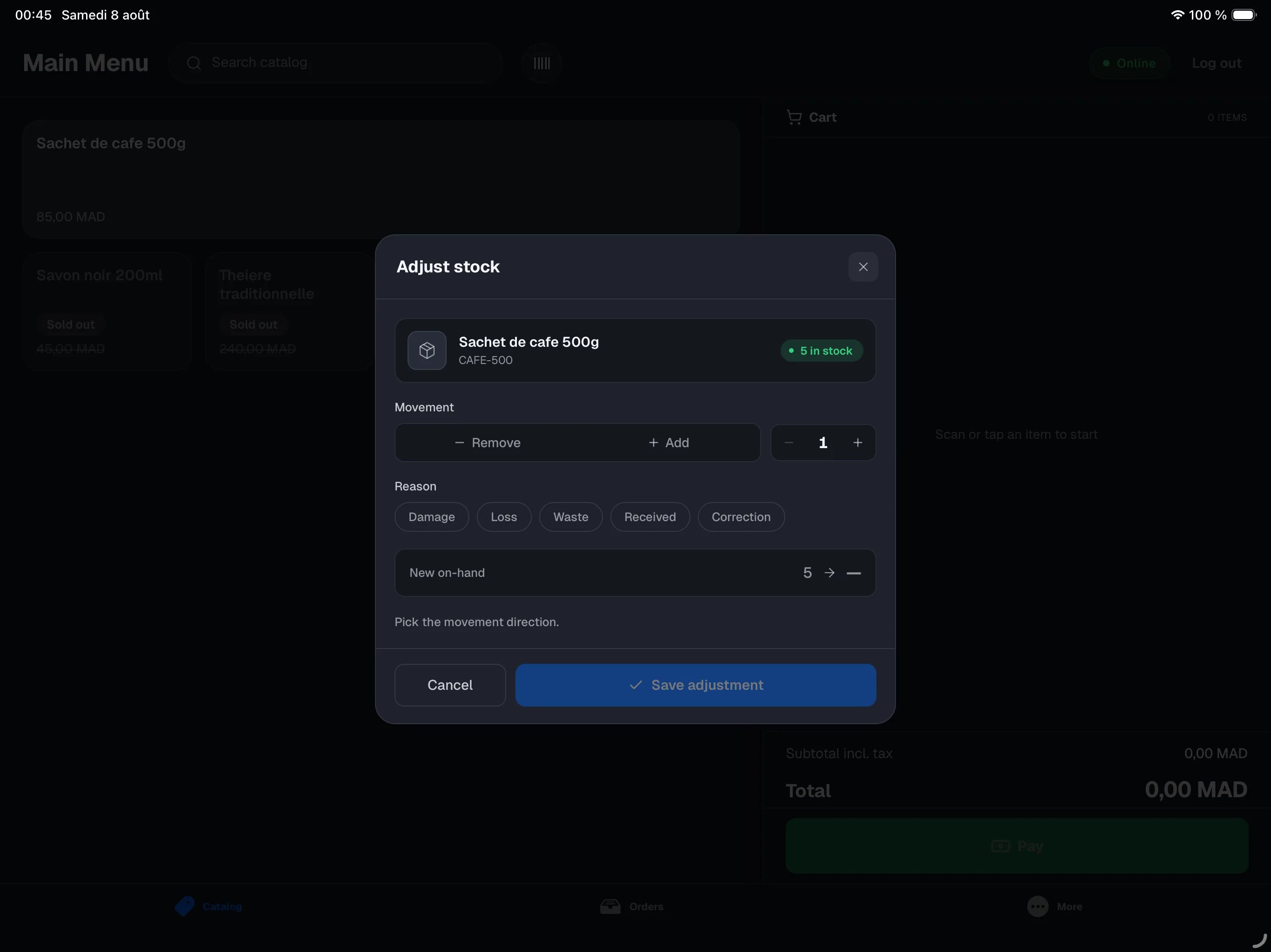 Adjust stock sheet — Remove/Add toggle, quantity, reasons