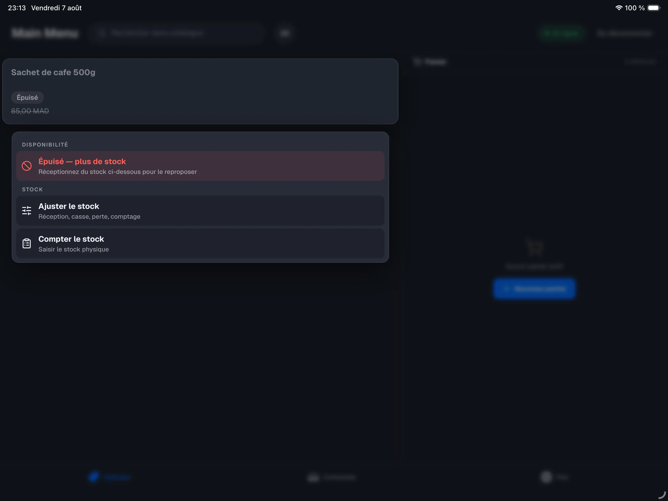 appui long sur une tuile produit — la section STOCK du menu avec 'Ajuster le stock' et 'Compter le stock'