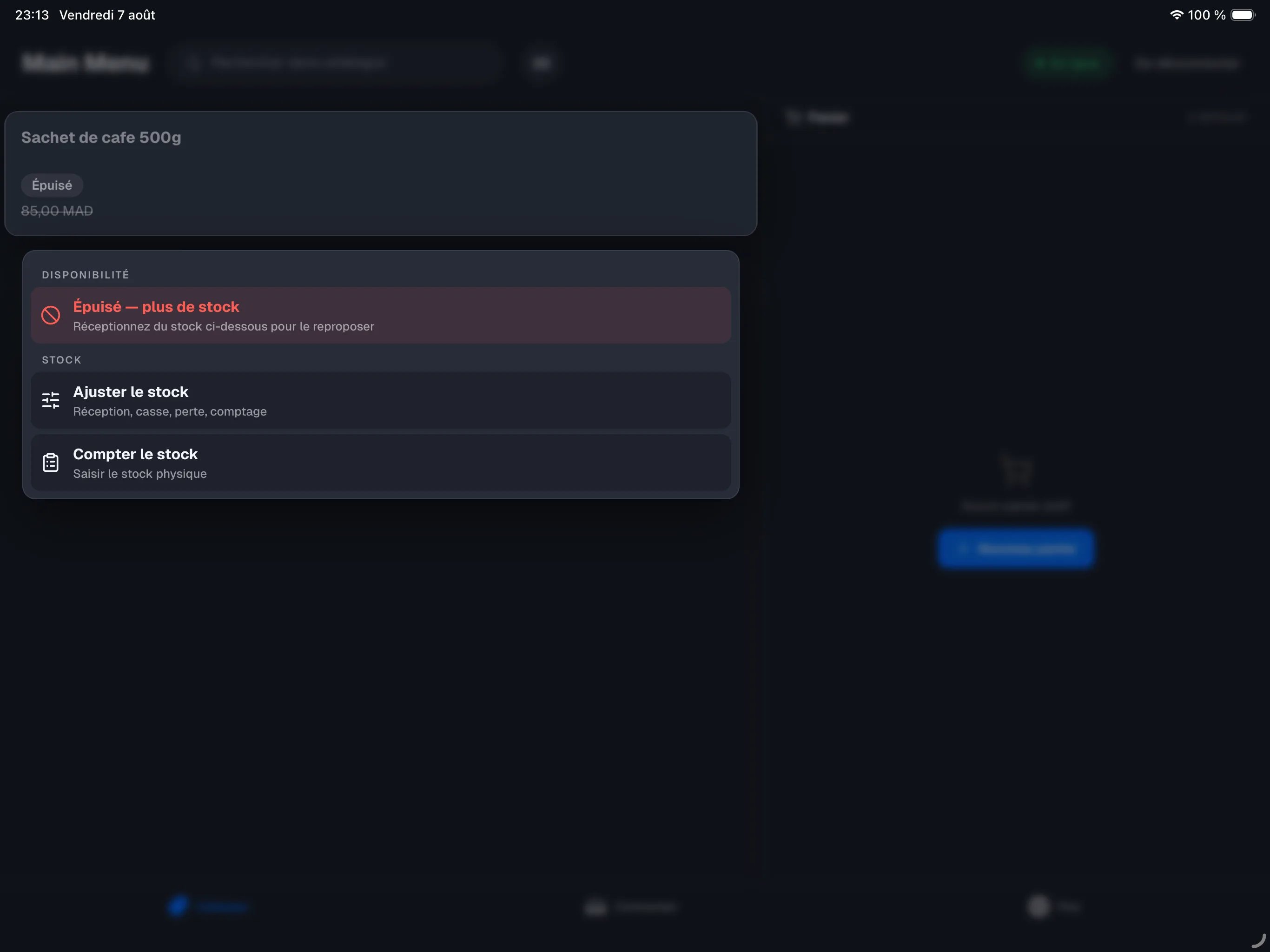 appui long sur une tuile produit — la section STOCK du menu avec 'Ajuster le stock' et 'Compter le stock'