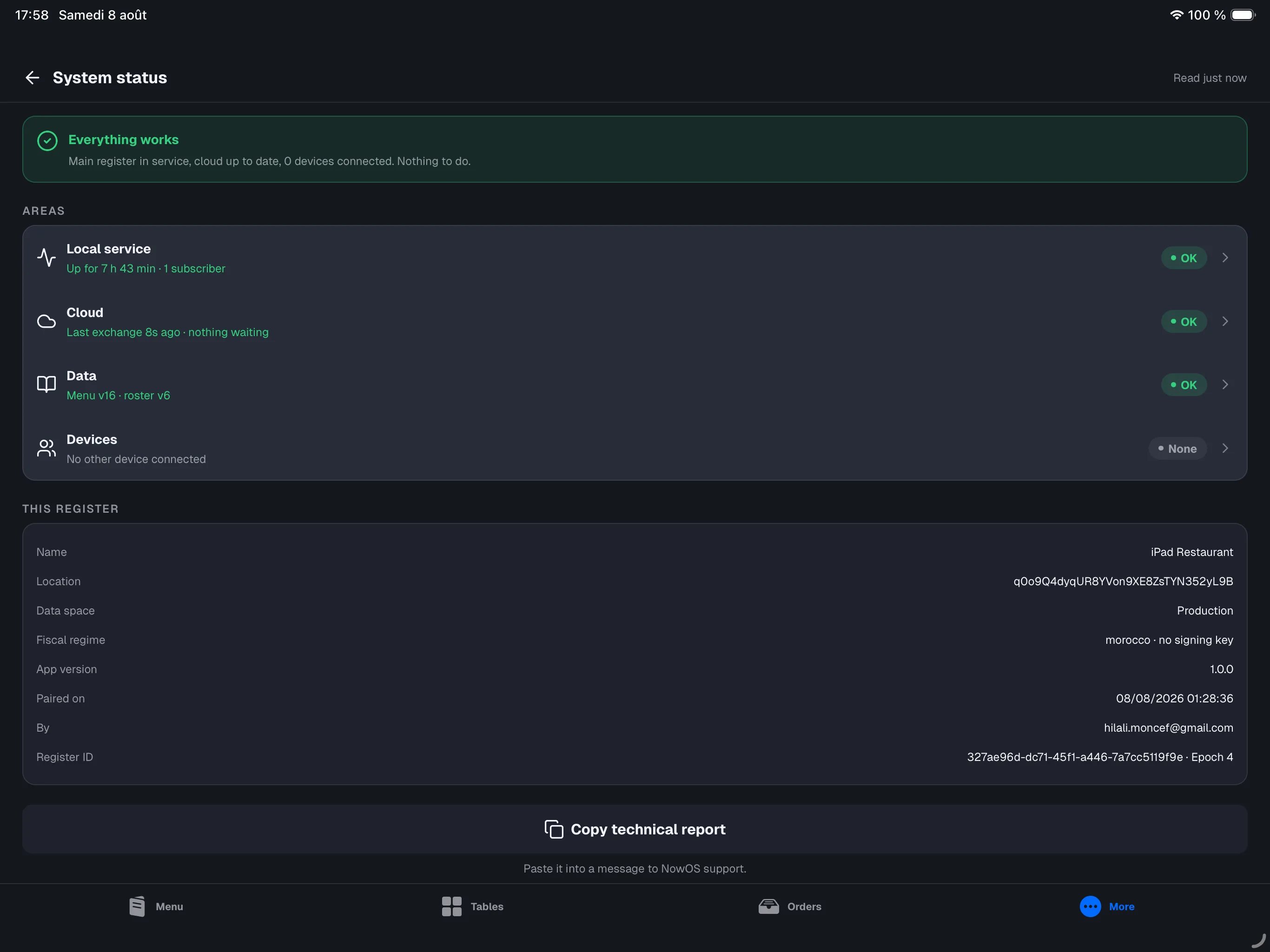 main register, More → System status screen — green 'Everything works' banner and the four areas