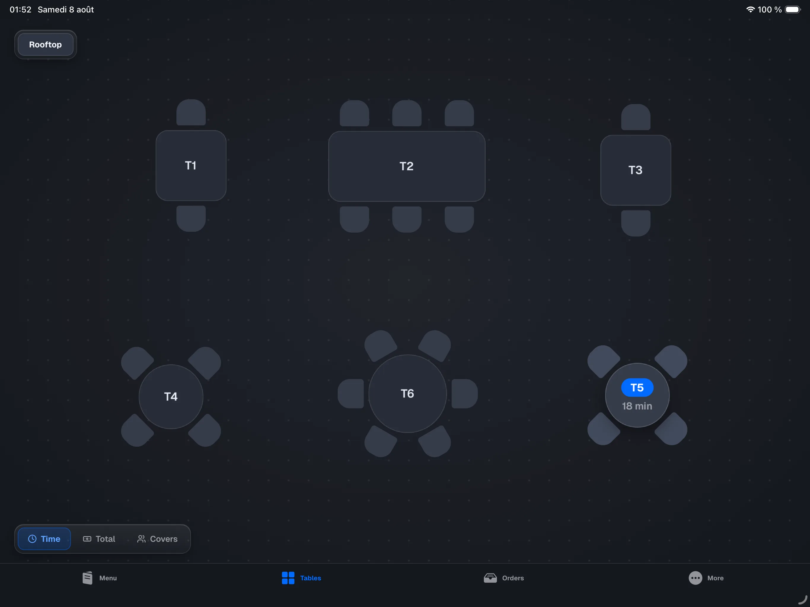 Register, Tables tab, restaurant mode — floor plan with a few free tables, one occupied table showing its time pill, and the room pills top-left