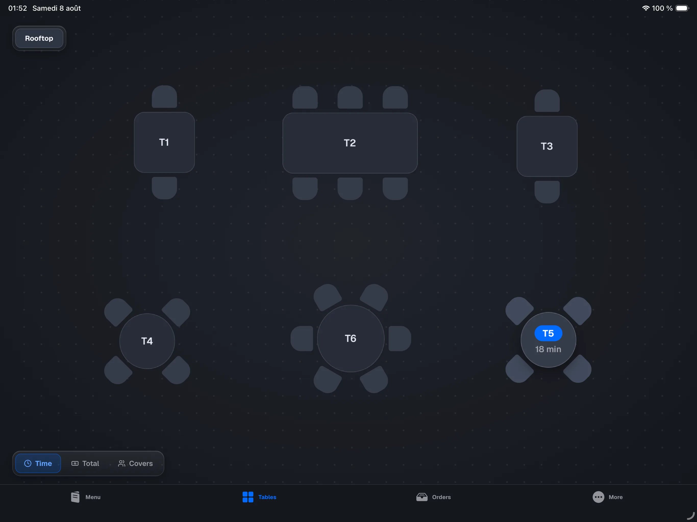 Register, Tables tab, restaurant mode — floor plan with a few free tables, one occupied table showing its time pill, and the room pills top-left