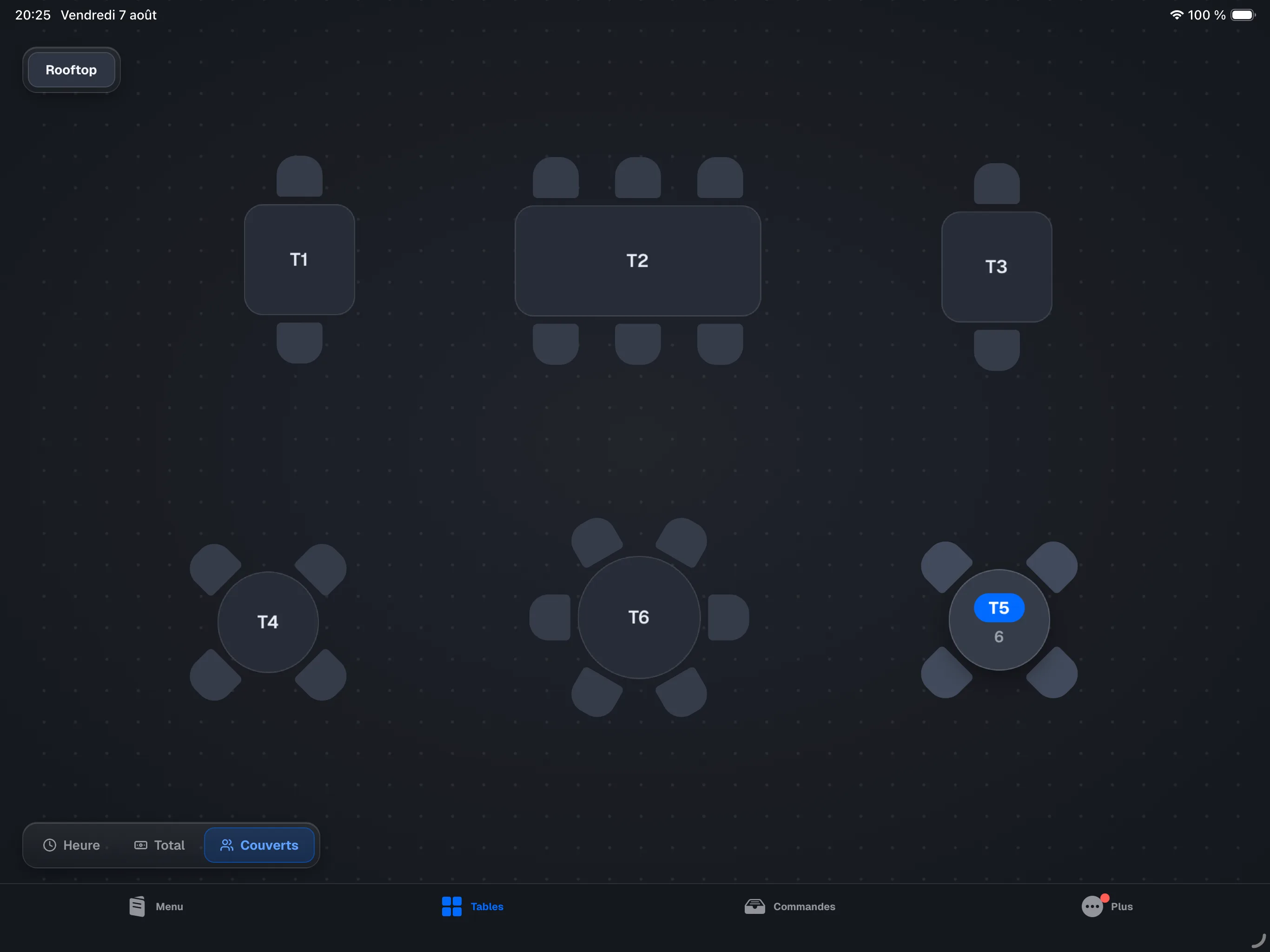 Register, Tables tab, restaurant mode — floor plan with a few free tables, one occupied table showing its time pill, and the room pills top-left