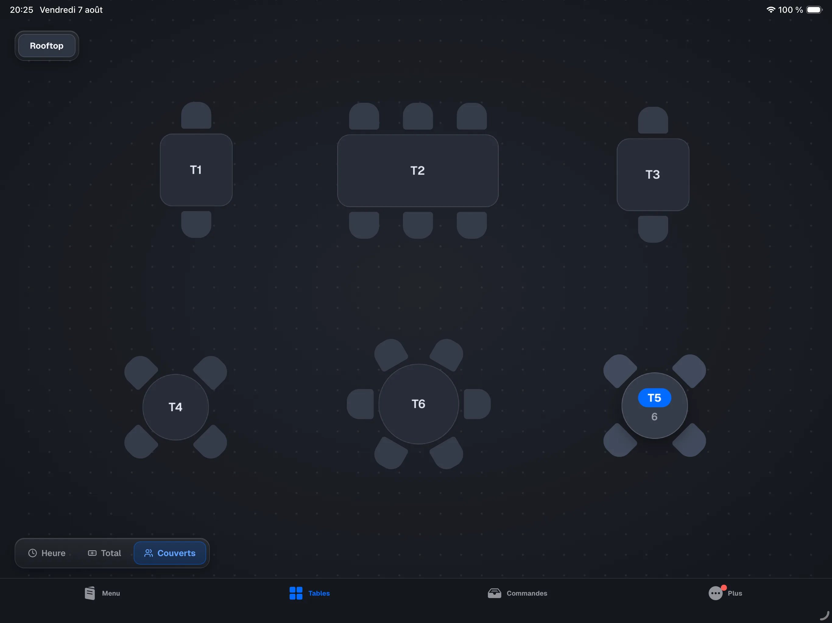 Register, Tables tab, restaurant mode — floor plan with a few free tables, one occupied table showing its time pill, and the room pills top-left
